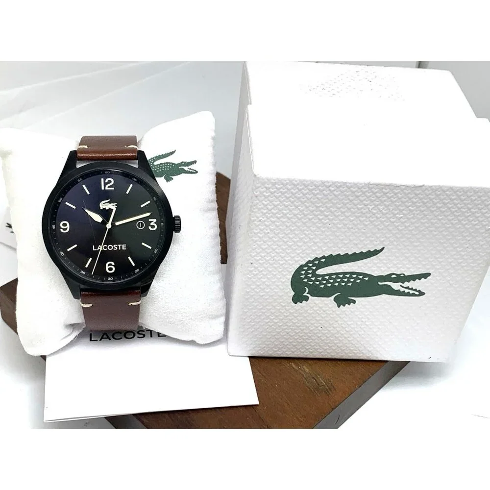 Lacoste Men's Watch 2011106 Traveler Quartz Black Dial Brown Leather Band 43mm